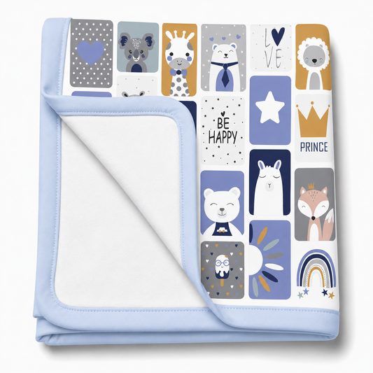 Manta Flanelada Soft Premium Dupla 90 x 70 cm Bichos Azul c/ Azul