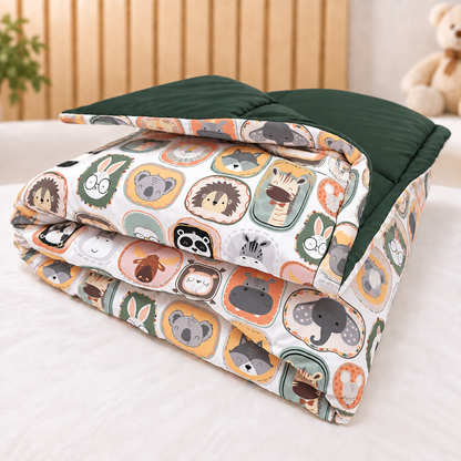 Edredom Estampado Dupla Face para Mini Berço Bichos c/ Verde Escuro