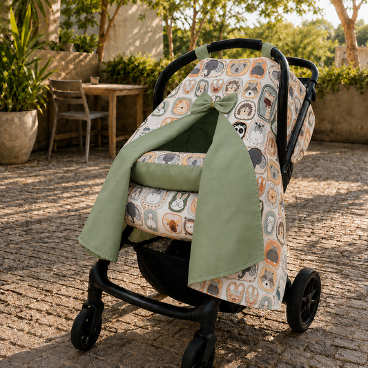 Capota para Bebê Conforto Tenda Dupla Face Bichos Verso Verde Menta
