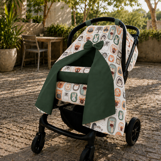 Capota para Bebê Conforto Tenda Dupla Face Bichos Verso Verde Escuro