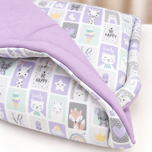 Edredom Estampado Dupla Face para Mini Berço Bichos Lilás