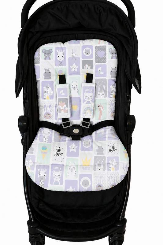 Kit Colchonetes 3 Peças para Carrinho & Bebê Conforto + Protetores de Cinto Bichos Lilás Verso Lilás