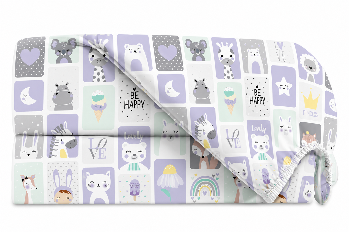 Lençol Estampado para Mini Berço 100% Algodão Bichos Lilás