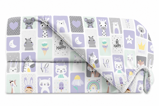 Lençol Estampado para Mini Berço 100% Algodão Bichos Lilás