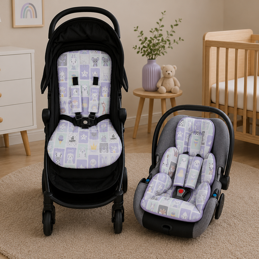 Kit Colchonetes 3 Peças para Carrinho & Bebê Conforto + Protetores de Cinto Bichos Lilás Verso Lilás
