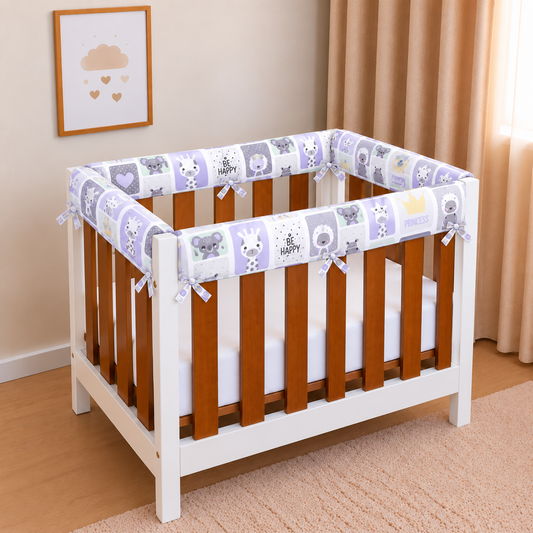 Protetor de Grade para Mini Berço Acolchoado 4 Peças Bichos Lilás