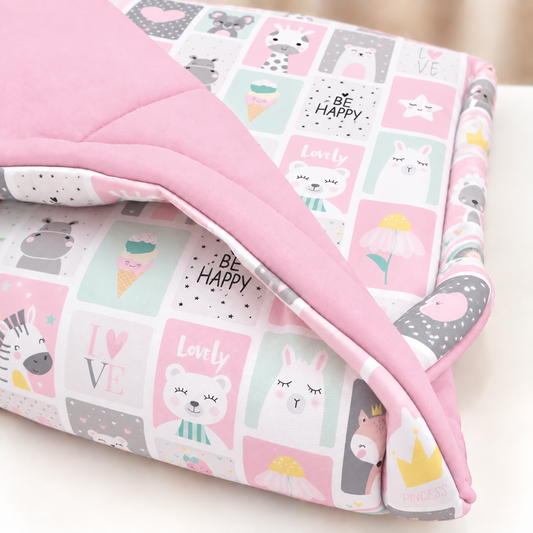 Edredom Estampado Dupla Face para Mini Berço Bichos Rosa