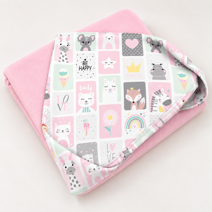 Toalha de Banho com Capuz Forrada Plush Atoalhado Premium 1M x 70cm Bichos Rosa
