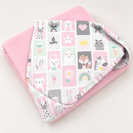 Toalha de Banho com Capuz Forrada Plush Atoalhado Premium 1M x 70cm Bichos Rosa