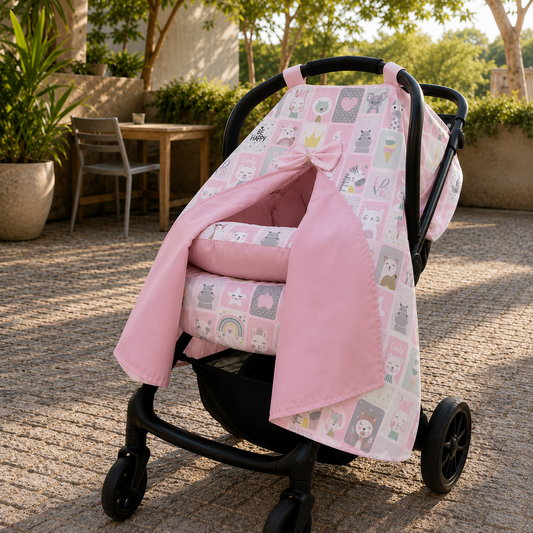 Capota para Bebê Conforto Tenda Dupla Face Bichos Rosa Verso Rosa