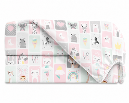 Lençol Estampado para Mini Berço 100% Algodão Bichos Rosa