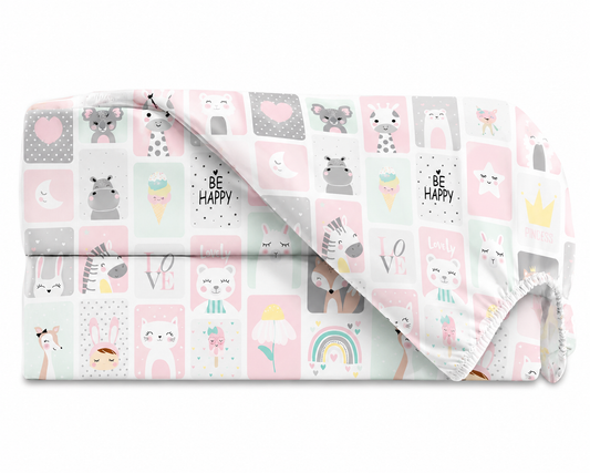 Lençol Estampado para Mini Berço 100% Algodão Bichos Rosa
