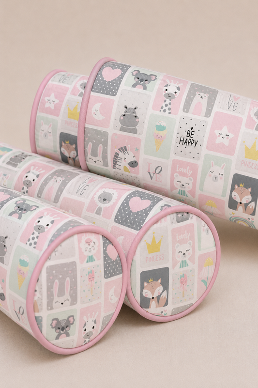 Kit Rolinhos 4 Peças para Cama Solteiro Bichos Rosa