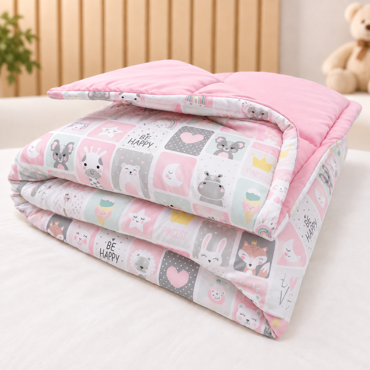 Edredom Estampado Dupla Face para Berço Americano Bichos Rosa
