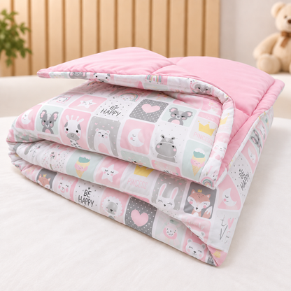 Edredom Estampado Dupla Face para Berço Americano Bichos Rosa