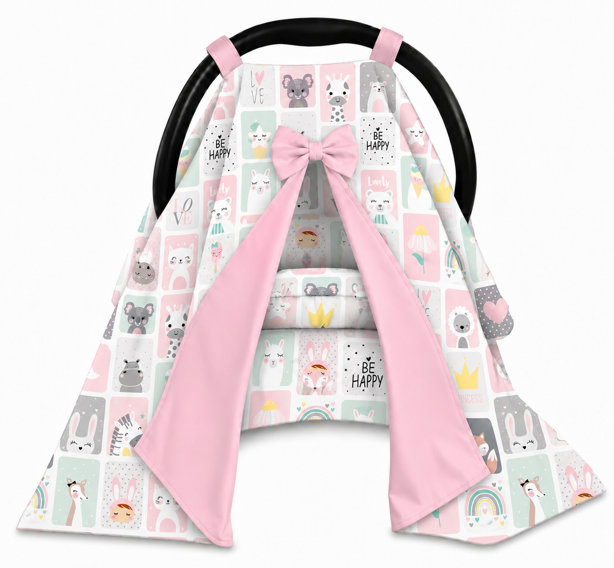 Capota para Bebê Conforto Tenda Dupla Face Bichos Rosa Verso Rosa