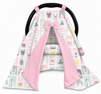 Capota para Bebê Conforto Tenda Dupla Face Bichos Rosa Verso Rosa
