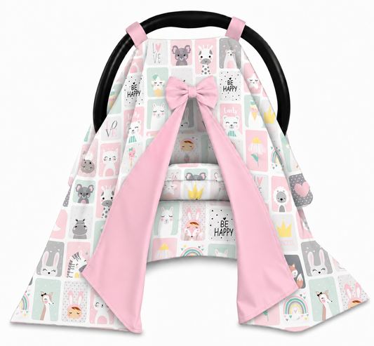 Capota para Bebê Conforto Tenda Dupla Face Bichos Rosa Verso Rosa