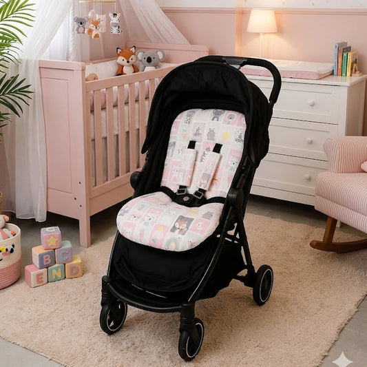 Kit Colchonetes 3 Peças para Carrinho & Bebê Conforto + Protetores de Cinto Bichos Rosa Verso Rosa