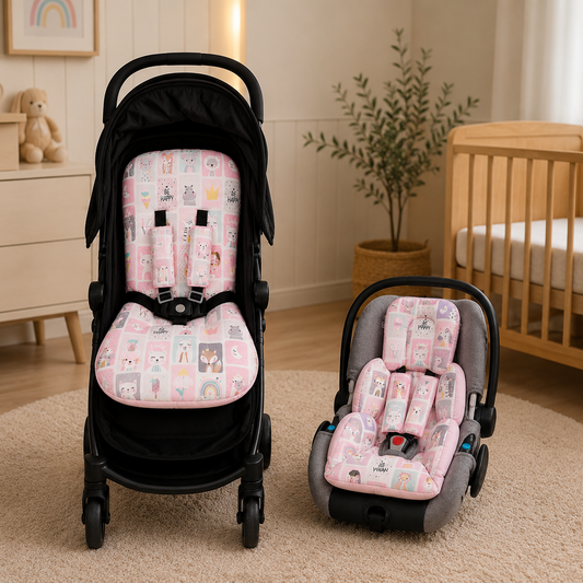 Kit Colchonetes 3 Peças para Carrinho & Bebê Conforto + Protetores de Cinto Bichos Rosa Verso Rosa