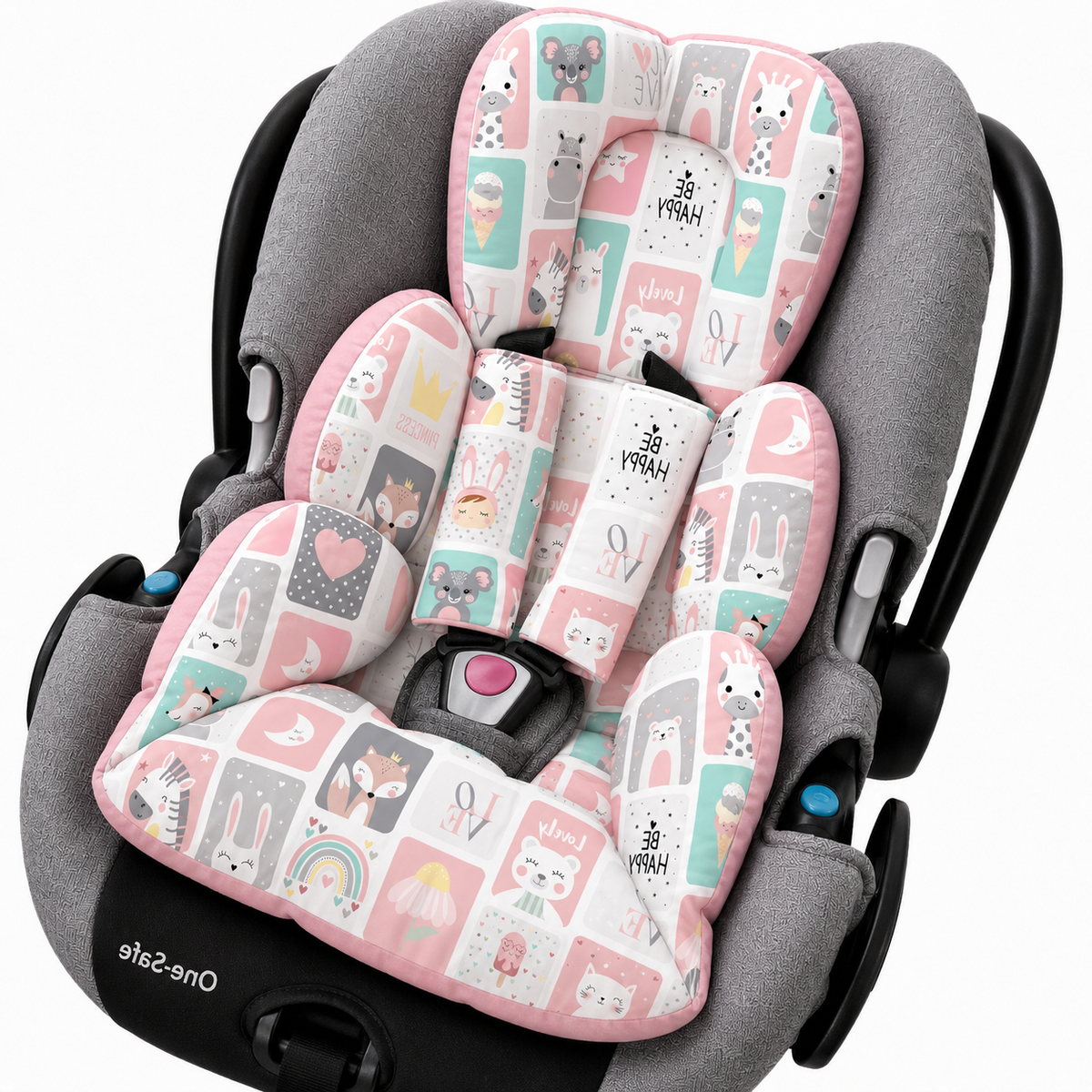 Kit Colchonetes 3 Peças para Carrinho & Bebê Conforto + Protetores de Cinto Bichos Rosê Verso Rosê