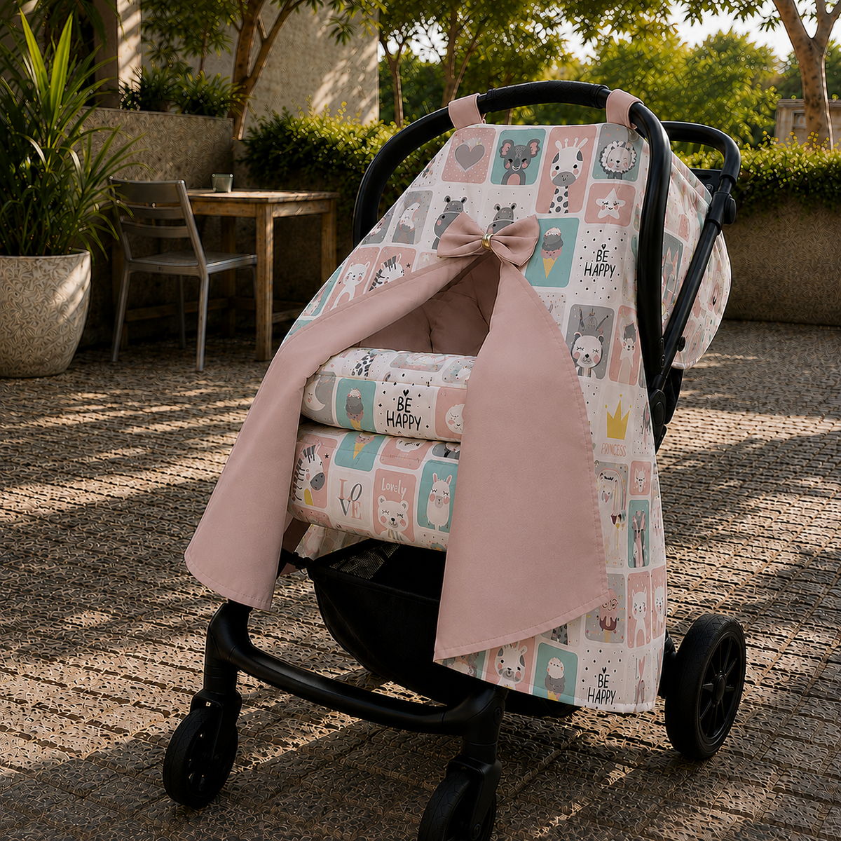 Capota para Bebê Conforto Tenda Dupla Face Bichos Rosê Verso Rosê