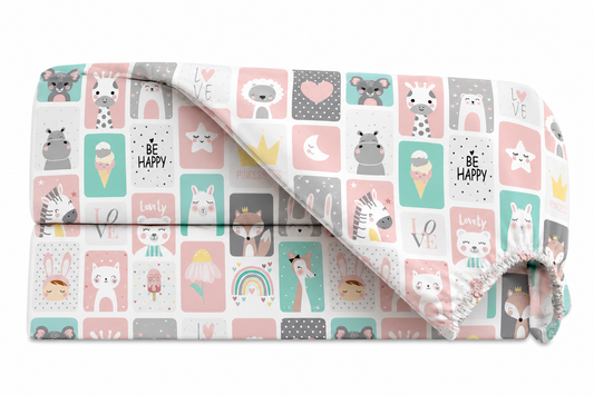 Lençol Estampado para Mini Berço 100% Algodão Bichos Rosê