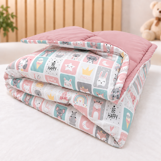 Edredom Estampado Dupla Face para Mini Berço Bichos Rosê