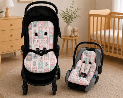 Kit Colchonetes 3 Peças para Carrinho & Bebê Conforto + Protetores de Cinto Bichos Rosê Verso Rosê