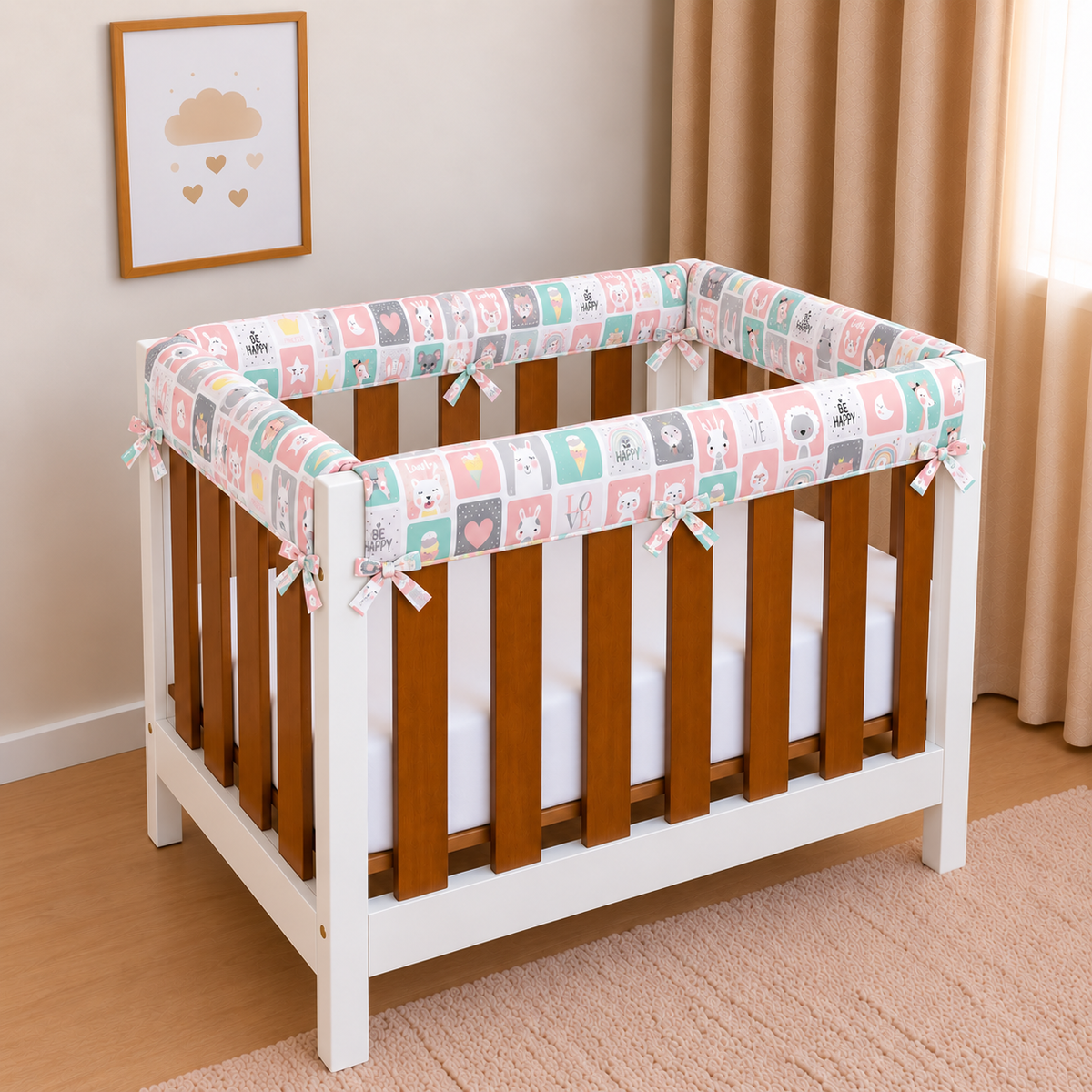 Protetor de Grade para Mini Berço Acolchoado 4 Peças Bichos Rosê