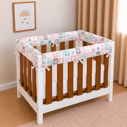 Protetor de Grade para Mini Berço Acolchoado 4 Peças Bichos Rosê