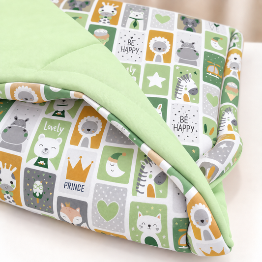 Edredom Estampado Dupla Face para Mini Berço Bichos Verde c/ Verde