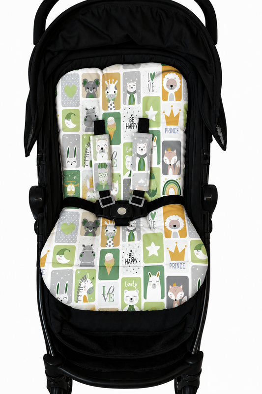 Kit Colchonetes 3 Peças para Carrinho & Bebê Conforto + Protetores de Cinto Bichos Verde Verso Verde