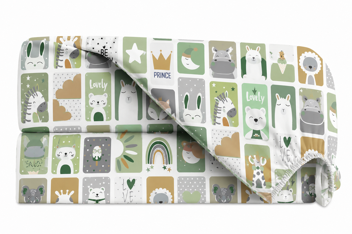 Lençol Estampado para Mini Berço 100% Algodão Bichos Verde