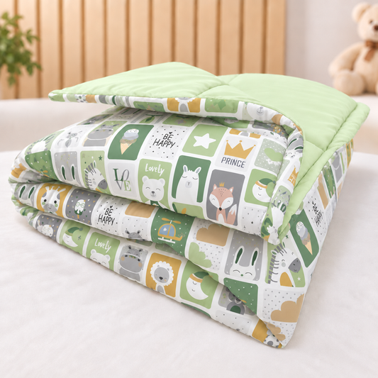 Edredom Estampado Dupla Face para Mini Berço Bichos Verde c/ Verde