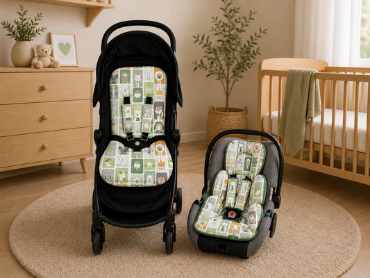 Kit Colchonetes 3 Peças para Carrinho & Bebê Conforto + Protetores de Cinto Bichos Verde Verso Verde