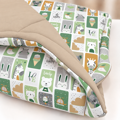 Edredom Estampado Dupla Face para Mini Berço Bichos Verde c/ Bege
