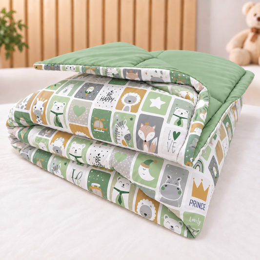 Edredom Estampado Dupla Face para Berço Americano Bichos Verde c/ Verde Menta