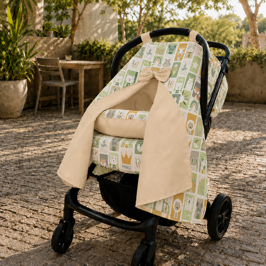 Capota para Bebê Conforto Tenda Dupla Face Bichos Verde Verso Bege