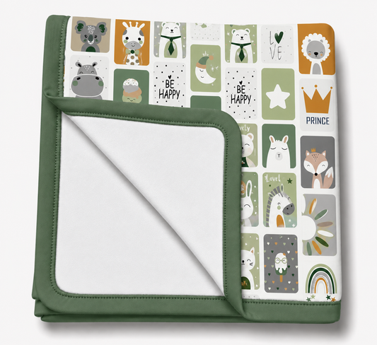 Manta Flanelada Soft Premium Dupla 90 x 70 cm Bichos Verde c/ Verde Menta