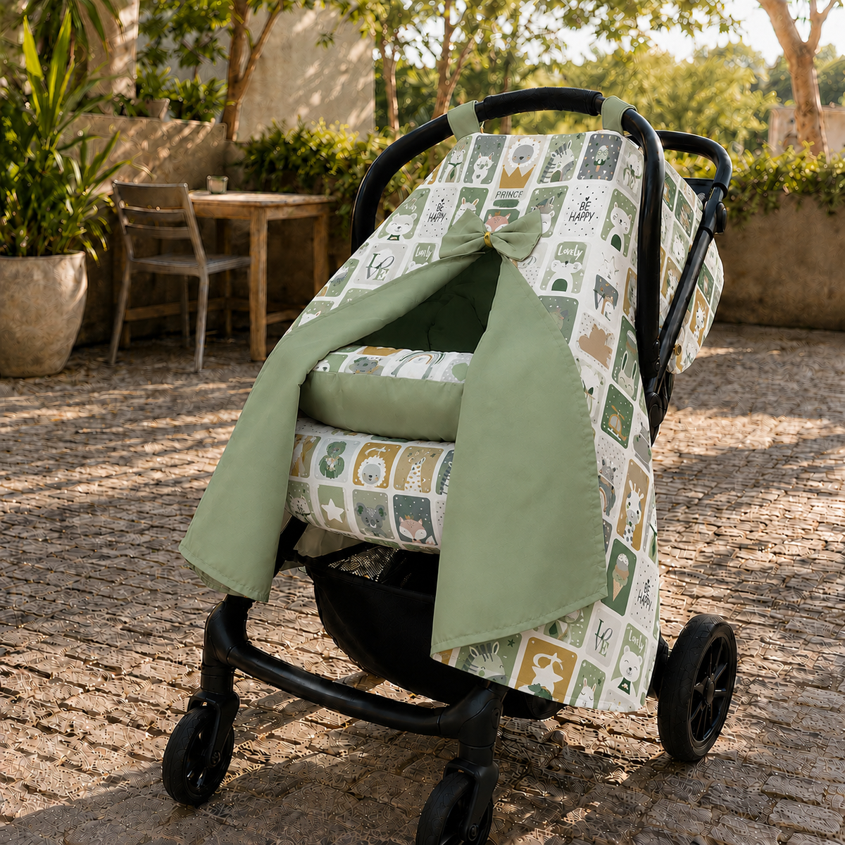 Capota para Bebê Conforto Tenda Dupla Face Bichos Verde Verso Verde Menta