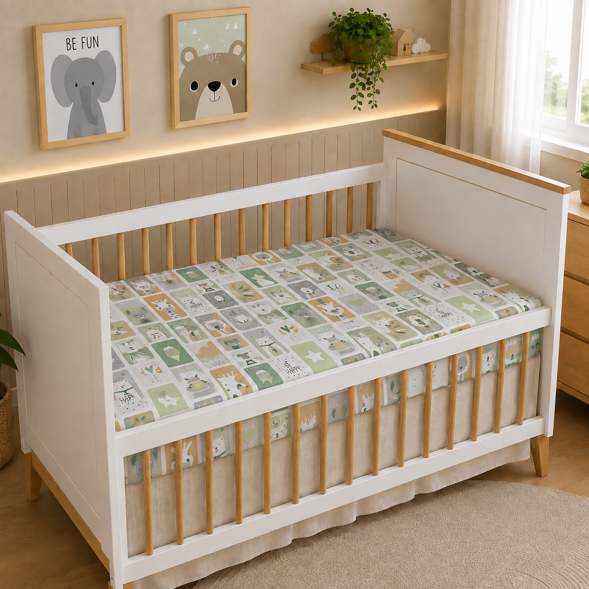 Lençol Estampado para Berço 100% Algodão Bichos Verde