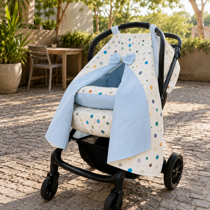 Kit para Bebê Conforto 4 Peças Dupla Face com Capota Tenda Bolas Menino Verso Azul Bebê