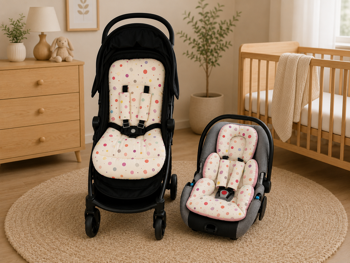 Kit Colchonetes 3 Peças para Carrinho & Bebê Conforto + Protetores de Cinto Bolas Menina Verso Rosê