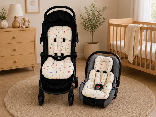 Kit Colchonetes 3 Peças para Carrinho & Bebê Conforto + Protetores de Cinto Bolas Menino Verso Marinho