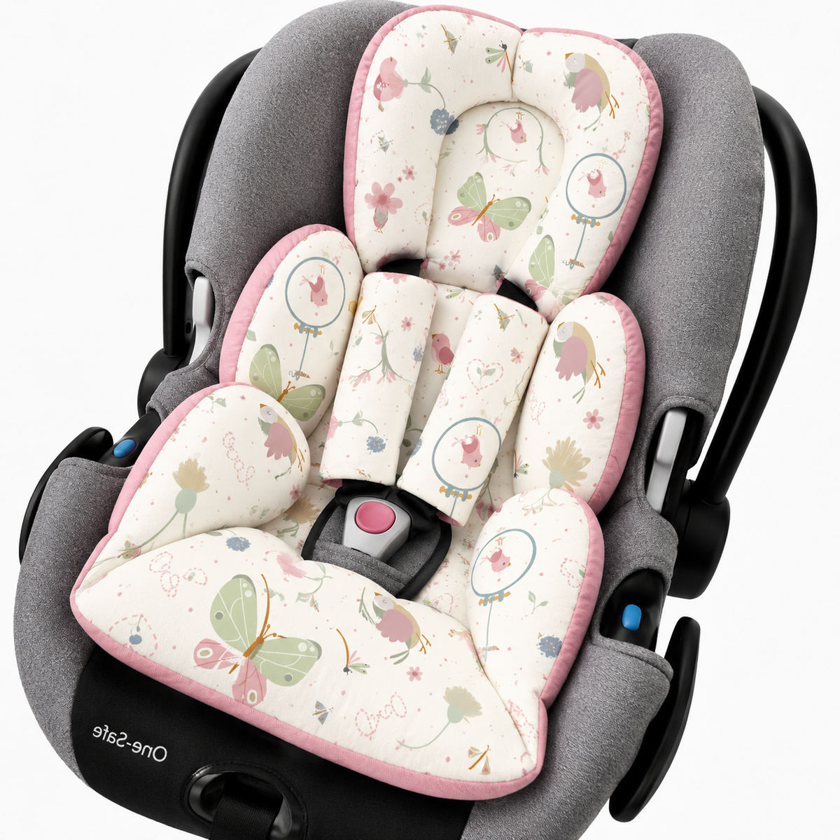 Kit Colchonetes 3 Peças para Carrinho & Bebê Conforto + Protetores de Cinto Borboletas Verso Rosê