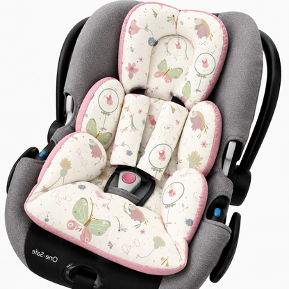 Kit Colchonetes 3 Peças para Carrinho & Bebê Conforto + Protetores de Cinto Borboletas Verso Rosê