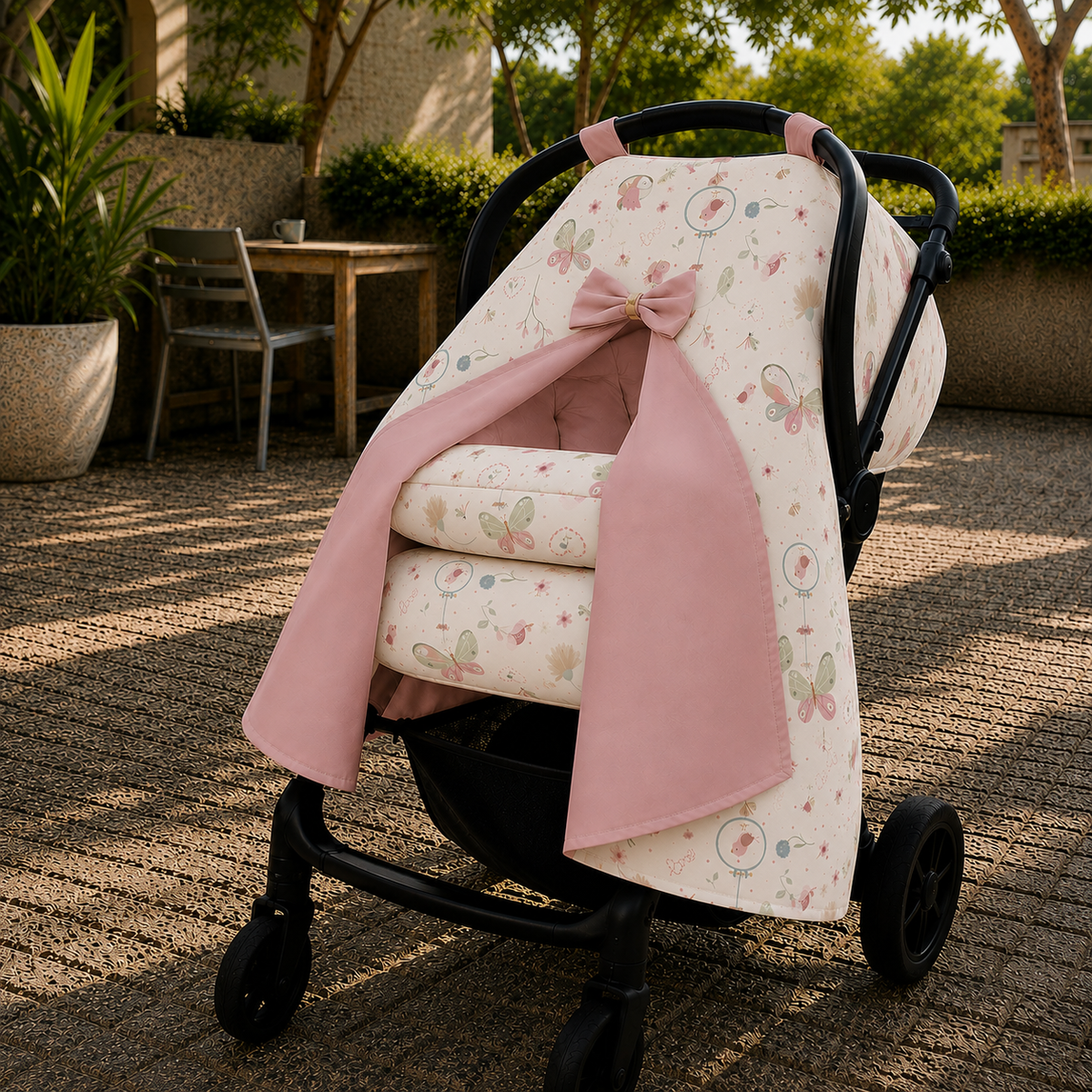 Capota para Bebê Conforto Tenda Dupla Face Borboleta Verso Rosê