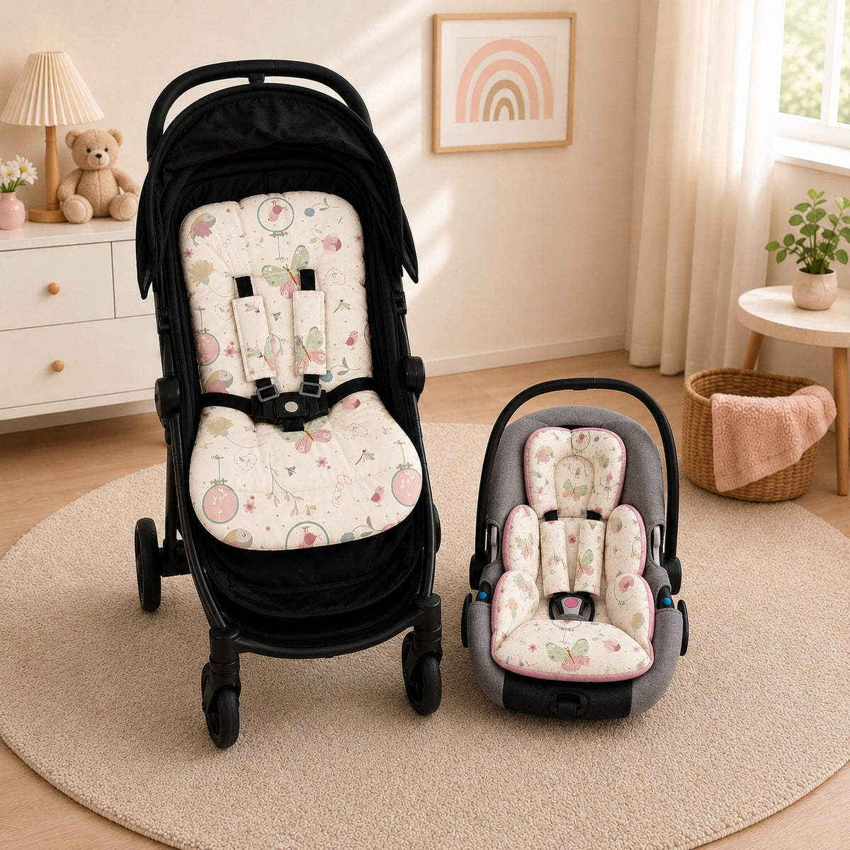 Kit Colchonetes 3 Peças para Carrinho & Bebê Conforto + Protetores de Cinto Borboletas Verso Rosê