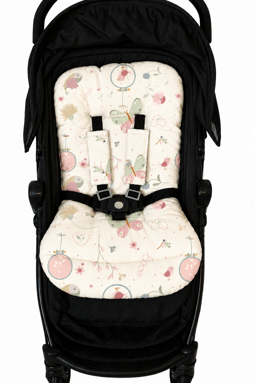 Kit Colchonetes 3 Peças para Carrinho & Bebê Conforto + Protetores de Cinto Borboletas Verso Rosê